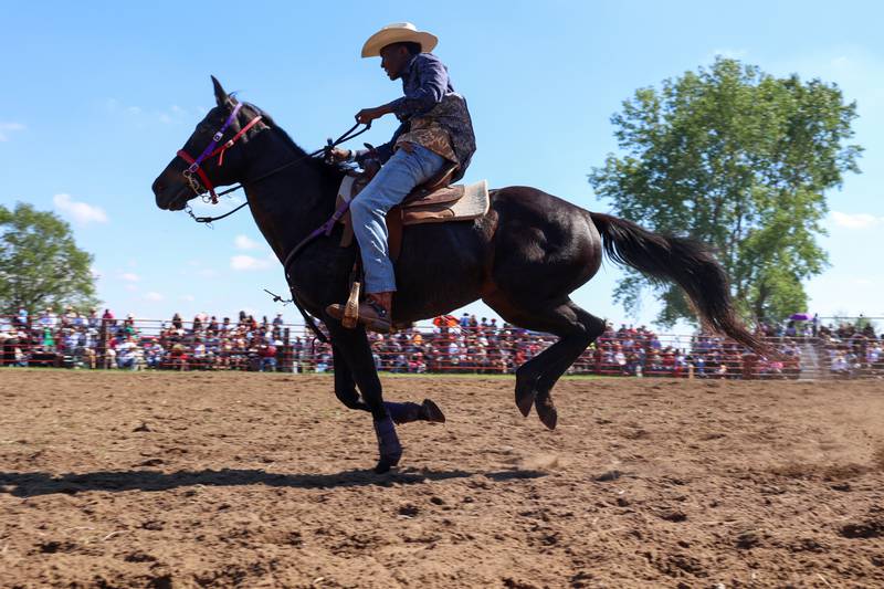 A competitor races down the arena during the 50th Pembroke Rodeo on Sunday, May 24, 2026.