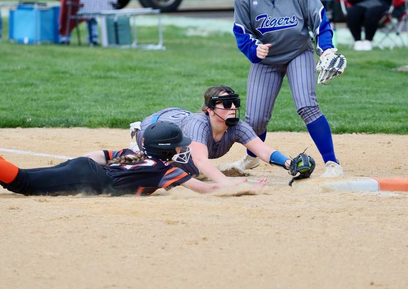 Princeton second baseman Sylvie Rutledge doubles off Kewanee's Abby Gerard off first base after catching a line drive in the second inning in Thursday's game at Little Siberia. Kewanee won the game 6-2.