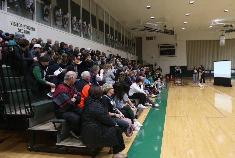 A large crowd attends the Lady Bruin girls basketball celebration ceremony on Tuesday, March 5, 2024 in Abbot Vincent Gymnasium.