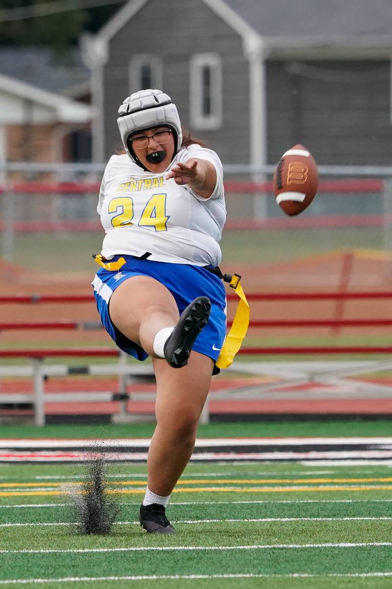 Joliet Central's Micaella Arredondo (24) punts the ball during a flag football game against Yorkville at Yorkville High School on Monday, Sep 23, 2024.