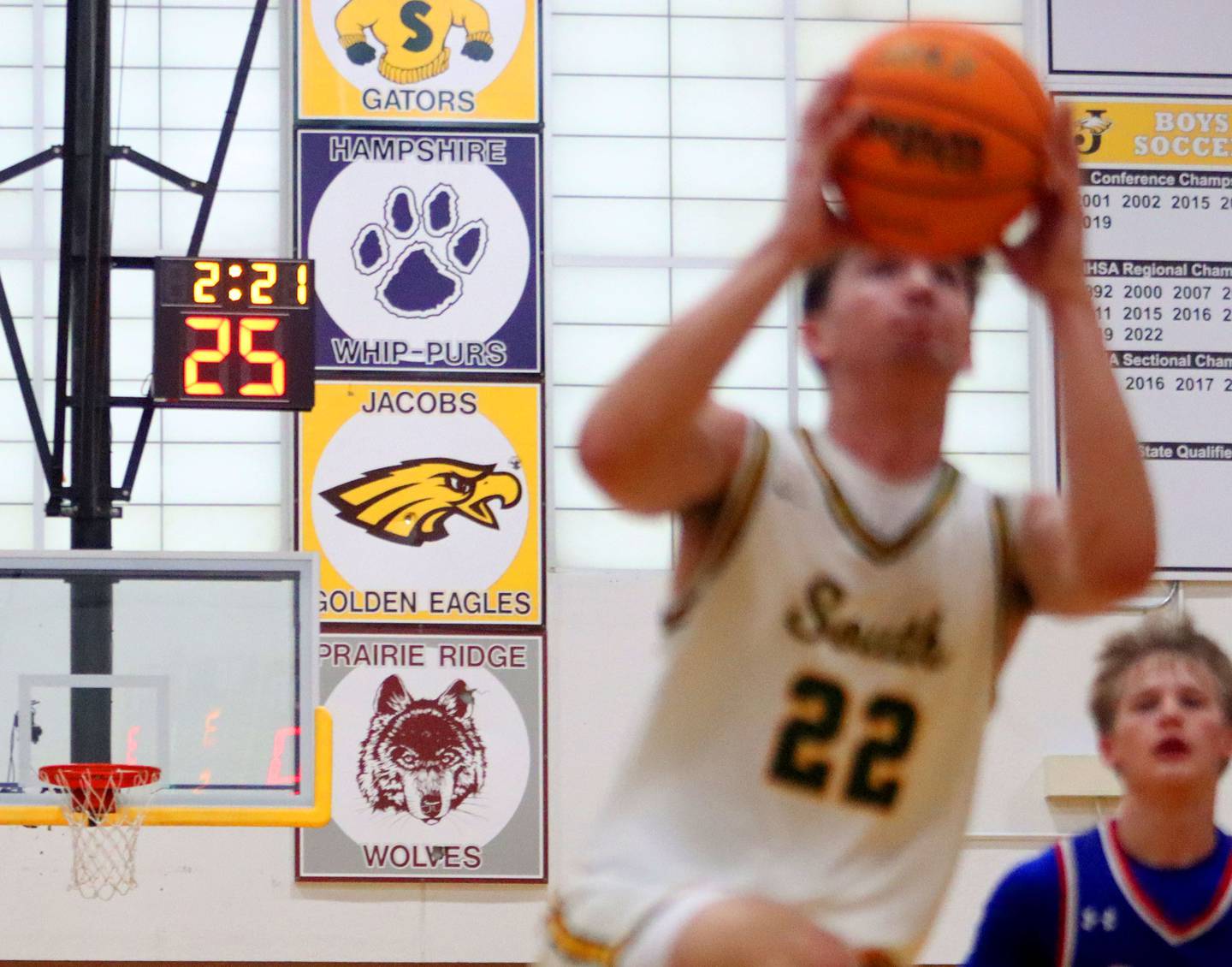 The shot clock ticks away as Crystal Lake South faces Lakes in varsity boys basketball Hinkle Holiday Classic action on Friday, Dec. 26, 2025, at Jacobs High School in Algonquin.