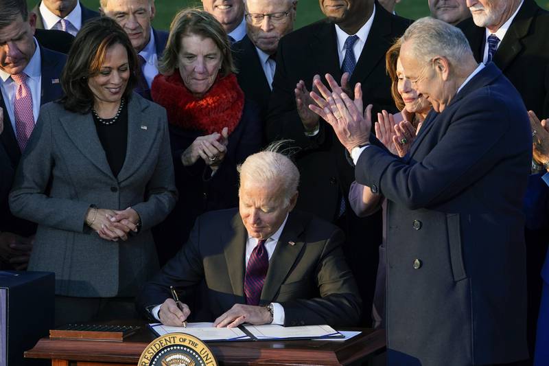 President Joe Biden signs the $1.2 trillion bipartisan infrastructure bill into law during a ceremony on the South Lawn of the White House in Washington, Monday, Nov. 15, 2021. (AP Photo/Susan Walsh)