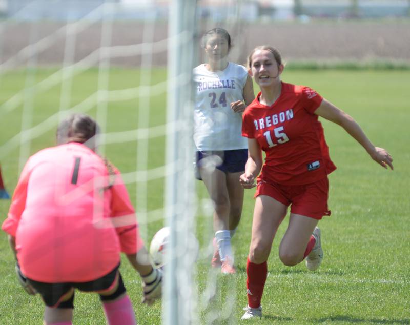 Oregon's Savana Rasner (15) takes a shot at the goal against Rochelle on Saturday, May 10, 2025 at Oregon Park West. Rasner had the game-winning shot with under a minute to play in the 3-2 win for the Hawks.