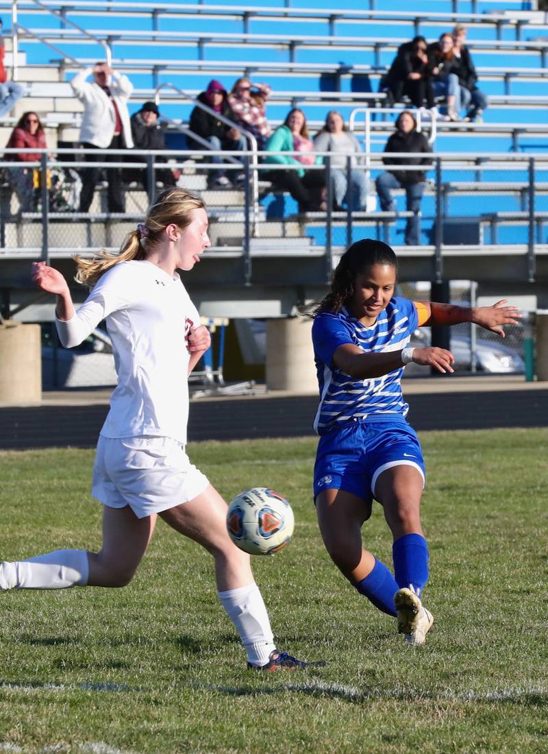 Mariah Hobson gives it a boot Tuesday.