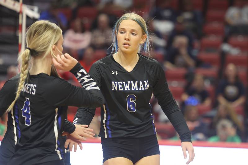 Newman’s Jess Johns (6) celebrates a point with Katie Grennan (4) against Norris City-Omaha-Enfield in the Class 1A 3rd place match on Saturday in Normal.