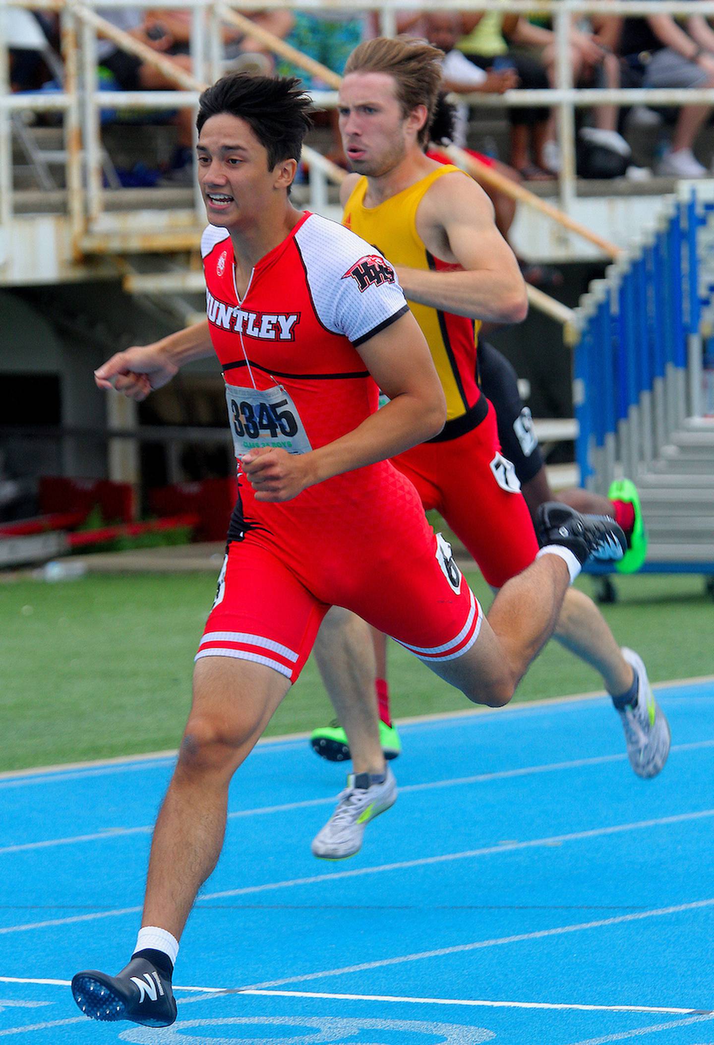 Huntley's Evan Gronewold crosses the finish line in the 400-meter dash on June 19, 2021 during the Class 3A Boys Track and Field State Meet in Charleston.