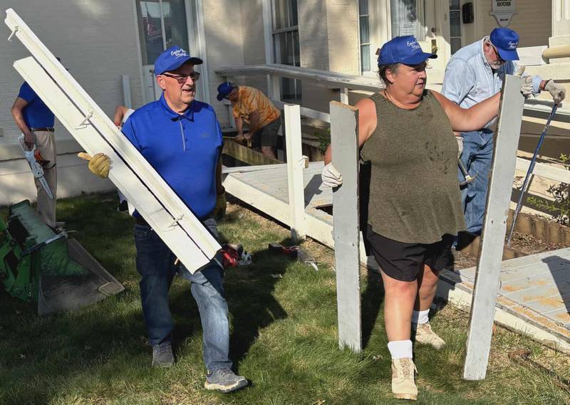 Rotary Club of Princeton members replacing the Newell Bryant Museum’s wooden wheelchair ramp