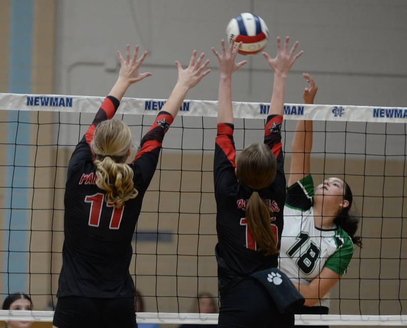 Rock Falls' Ari Reyna (18) spikes as Erie-Prophetstown's Lauren Abbott (11) and Kaylee Keegan (15) block during the championship of the 2A Sterling Newman Regional on Thursday, Oct. 31, 2024.