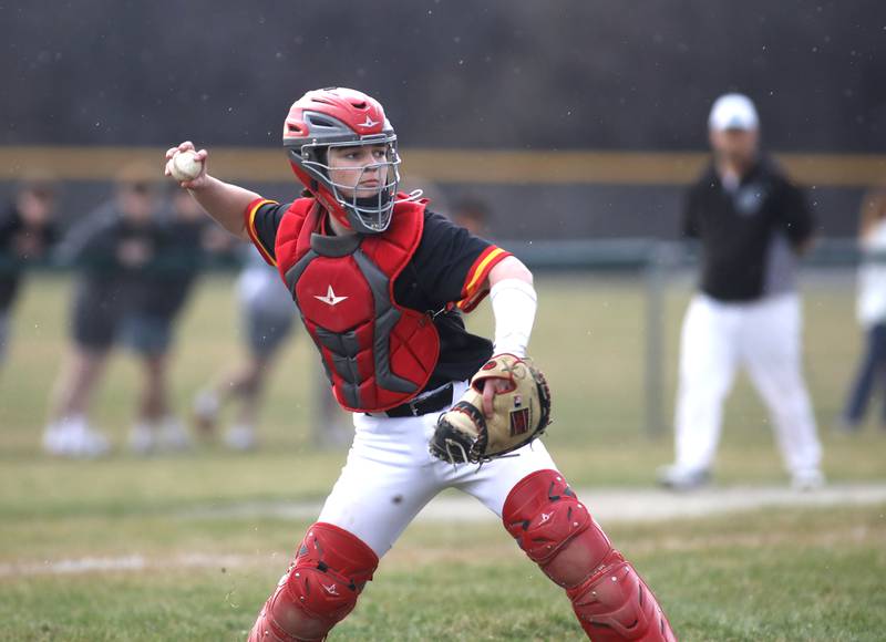 Batavia catcher Brandon Oke throws to first during a game against Glenbard West at Village Green Park in Glen Ellyn on Wednesday, March 13, 2024.