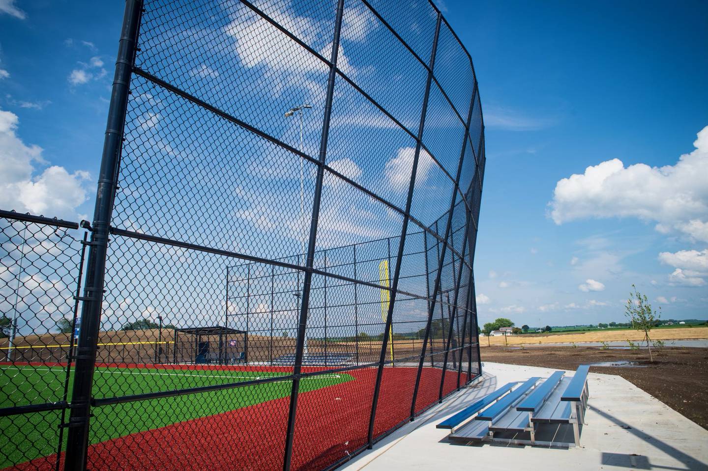 A backstop on a field at the 315 Sports Complex in Bradley is seen damaged on Friday, July 11, 2025, by strong winds after a storm the previous night.
