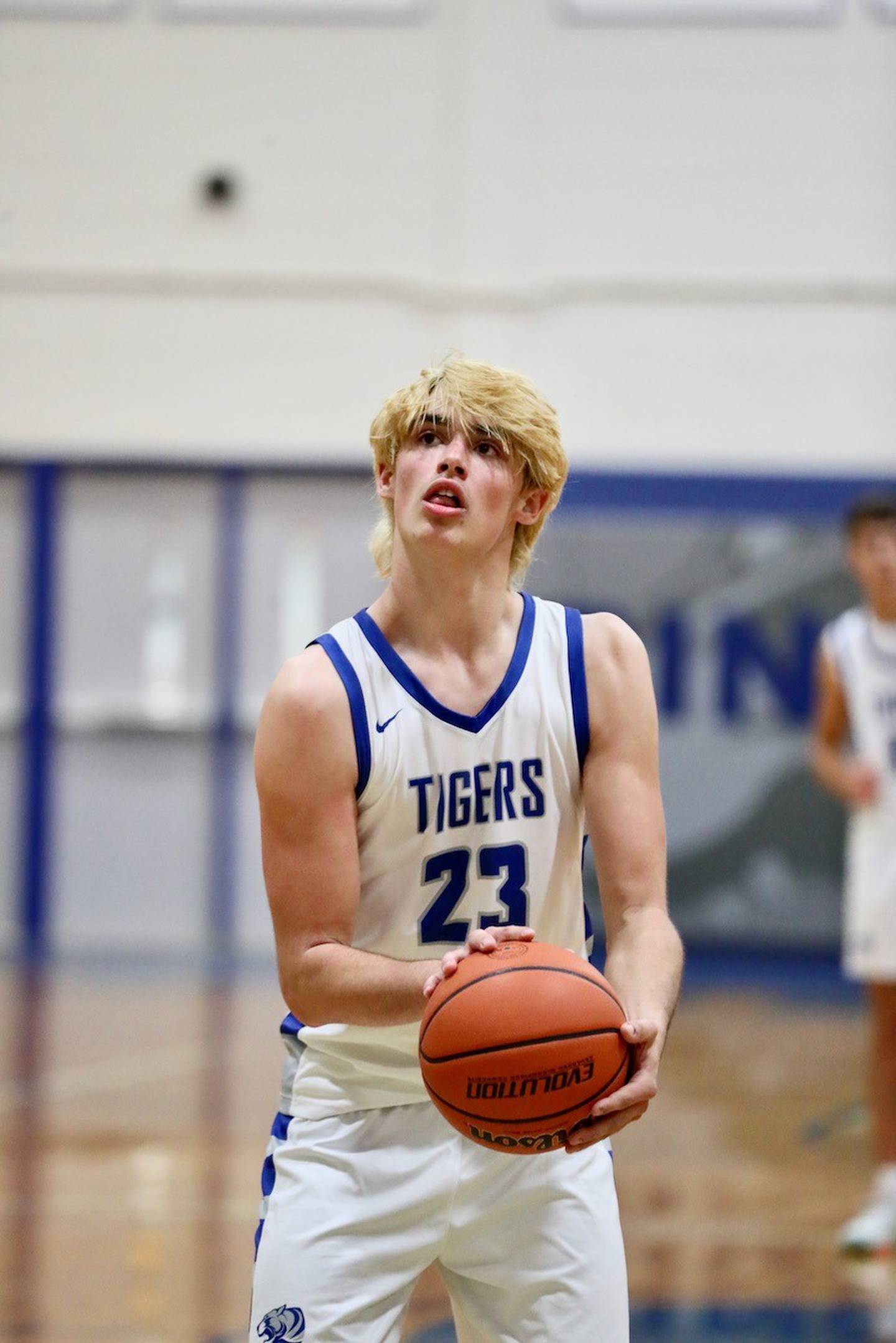 Princeton junior Noah LaPorte eyes the hoop for a free throw at Prouty Gym this season. New this year, the traditional 1-and-1 bonus after seven fouls has been replaced by a two shot after five fouls, with team fouls resetting at the end of each quarter.