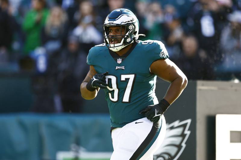 Philadelphia Eagles defensive tackle Javon Hargrave (97) is introduced before an NFL football game against the New Orleans Saints, Sunday, Jan. 1, 2023, in Philadelphia.