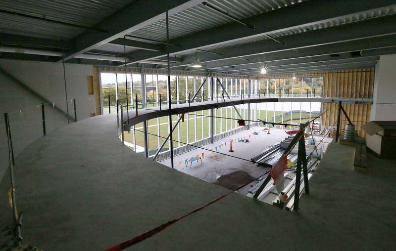 A view of the indoor track inside the new YMCA building on Thursday, Oct., 19, 2023 in Ottawa. The indoor walking/running track above weaves around the wellness area and above the gymnasium.