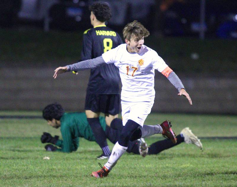 Richmond-Burton’s Joe Kyes celebrates after scoring in varsity soccer on Monday, Oct. 7, 2024, at Dan Horne Field on the campus of Harvard High School in Harvard.