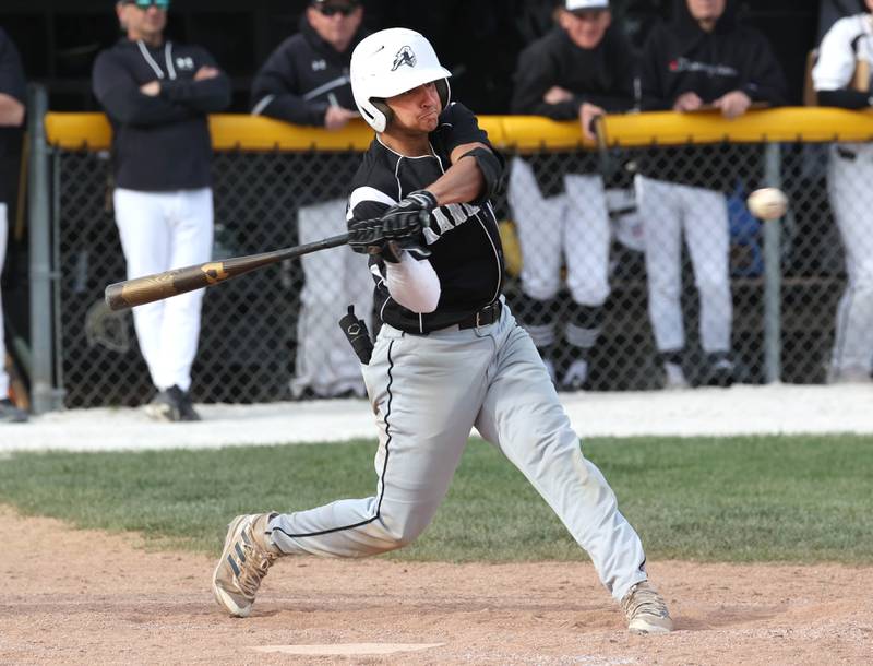 Kaneland's Anthony Campise takes a cut during their game against Sycamore Monday, April 22, 2024, at the Sycamore Community Sports Complex.