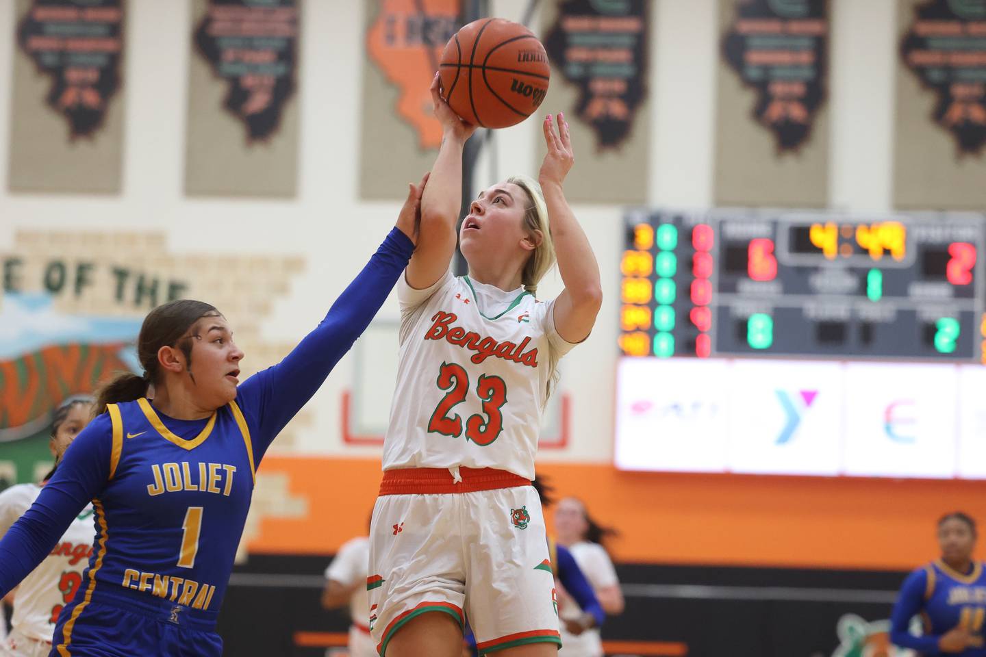 Plainfield East’s Lexi Sepulveda gets the basket and the foul against Joliet Central on Thursday, Nov. 30, 2023 in Plainfield.