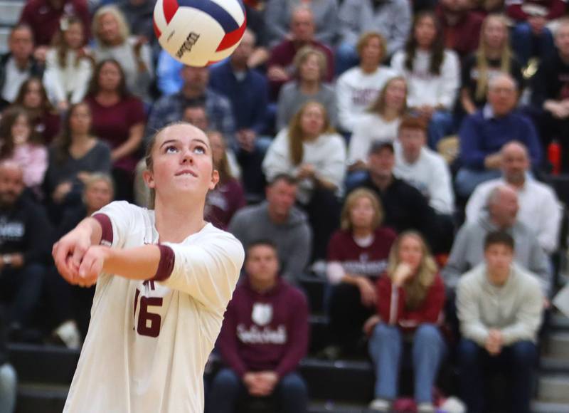 Prairie Ridge’s Addy Grider passes the ball against St. Viator in IHSA Class 3A Super-Sectional girls volleyball at Streamwood High School in Streamwood on Monday, November 10, 2025.