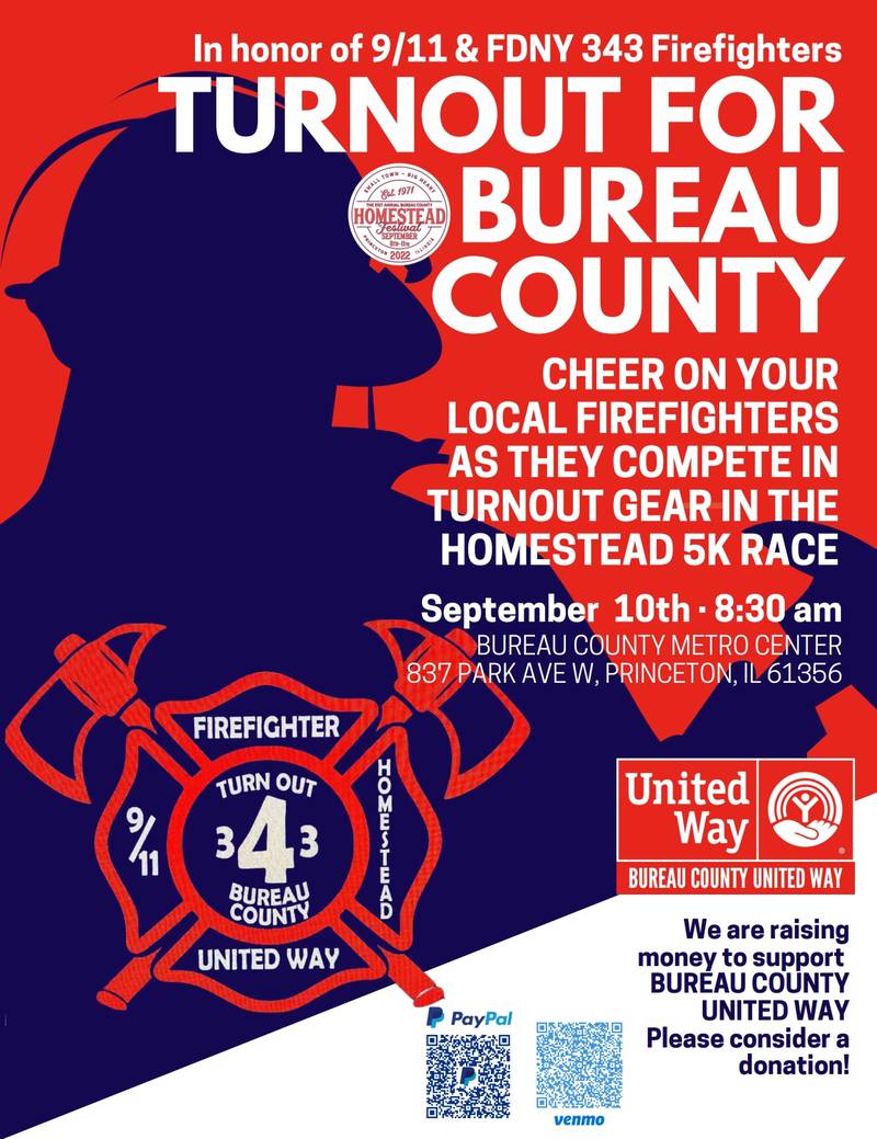 Many Bureau County fire departments have decided to honor fallen 9/11 and FDNY 343 firefighters during the upcoming Homestead Festival 5K  at 8:30 a.m. on Sept. 10.
