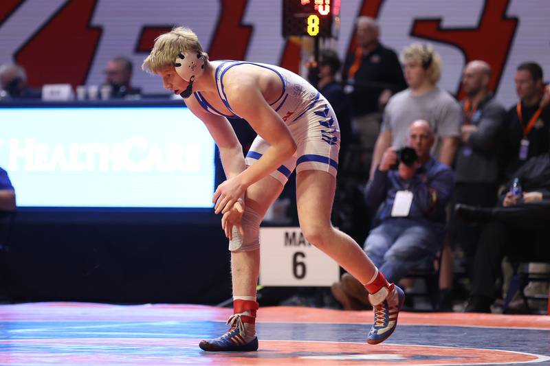 Marmion’s Jack Lesher faces Belleville’s Dominic Thebeau in the Class 3A 182lb. 3rd place match at State Farm Center in Champaign. Saturday, Feb. 19, 2022, in Champaign.
