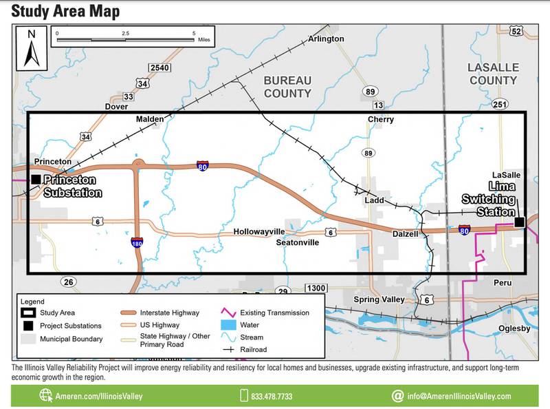 A view of a study area map provided by Ameren showing the proposed site of the Illinois Valley Reliability project from Peru to Princeton.