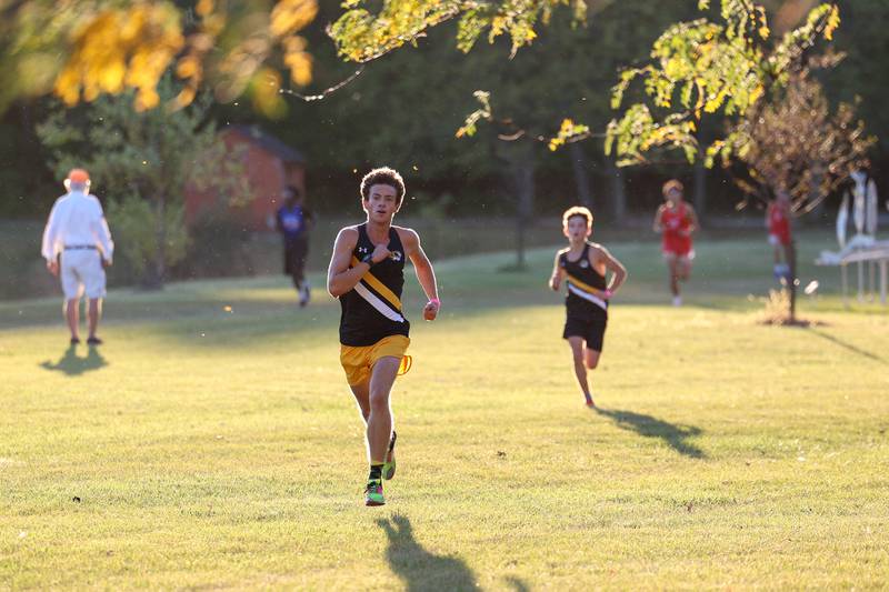 Herscher's Jeremy Szepelak nears the finish line in second place ahead of teammate Evan Benoit in the boys 3-mile race during All-Area Cross Country meet on Wednesday, Oct. 8, 2025, at Kankakee Community College.