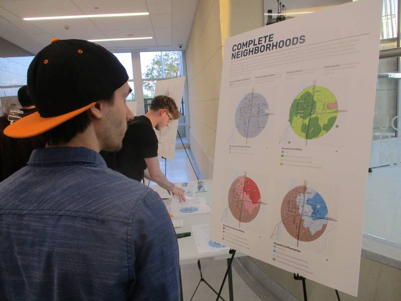 Mitch Mastro of Joliet reviews neighborhood plans presented Wednesday at an open house for the Downtown Joliet Equitable Transit Oriented Development Plan at the Gateway Center in Joliet. May 14, 2025