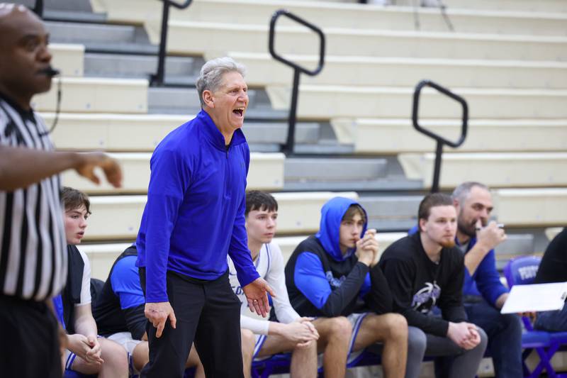 Peotone head coach Ron Oloffson yells out a play during the Blue Devils' 64-52 victory over Beecher on Wednesday, Jan. 28, 2026.