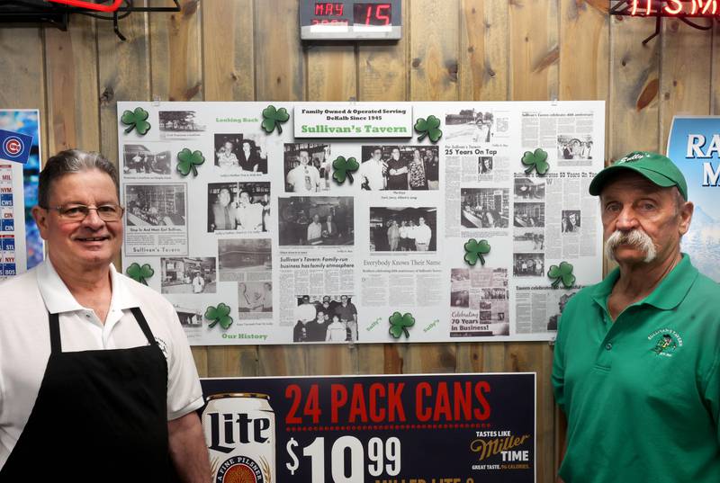 Earl (left) and Greg Sullivan, who own Sullivan's Tavern with brother Albert and sister-in-law Cindy, (not pictured) stand beside old pictures and newspaper clippings Thursday, May 15, 2025, at the tavern in DeKalb. The bar is celebrating 80 years in business with an event Saturday, May 17, that will include food and live entertainment.
