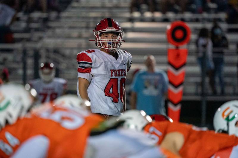 Yorkville's Blake Kersting (40) lines up before the snap against Plainfield East during a high school football game at Plainfield East High School in Plainfield on Friday, Sep 17, 2021.