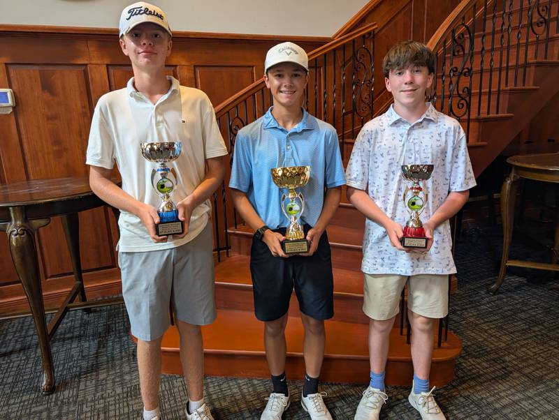 Geno Argubright (center) of  LaSalle-Peru won the Boys AA Division of the Illinois Valley Summer League with Chase Stier (left) of Bureau Valley second and Jacob Flavin (right) of St Bede Academy third.