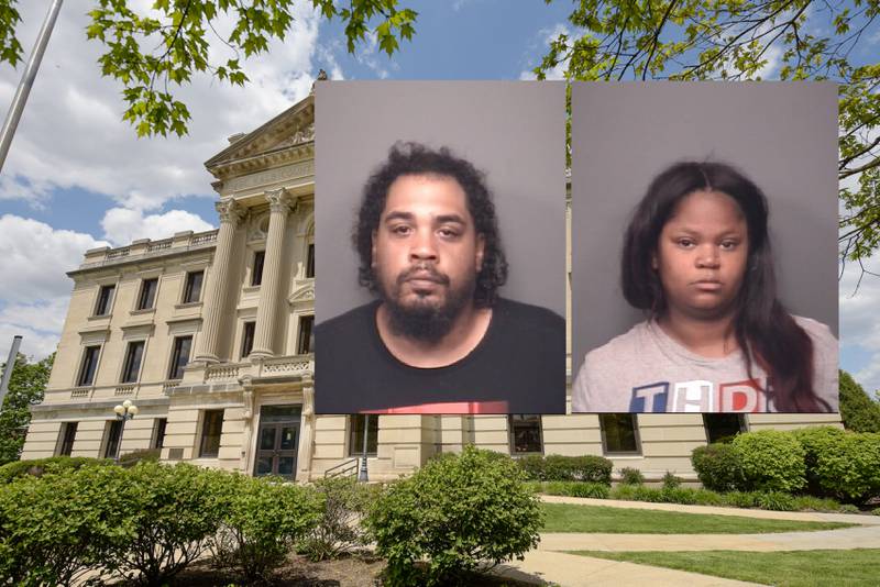 (Left to right) Jimmy D. Edwards, 33, an Katrina L. Edwards, 37, are both charged with first degree murder in the shooting death of 29-year-old Chrishun Keeler-Tyus during a July 4, 2020 incident. The Edwardses appeared for a status hearing Tuesday, Sept. 28, 2021 via Zoom from the DeKalb County Jail, and are set to go to a combined jury trial in January of 2022. (Photo illustration by Kelsey Rettke, Courthouse photo by Mark Black for Shaw Media, mugshots from DeKalb County Jail)