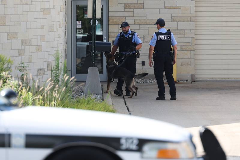 A K9 unit dog sniffs a mailbox outside the Black Road Branch Library after a bomb threat at that location on Thursday, Sept. 14, in Joliet.