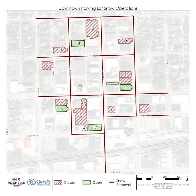 The city of Rochelle public works department will begin removing snow from downtown area sidewalks, parking stalls and parking lots on Friday, Dec. 5 starting at 2 a.m.