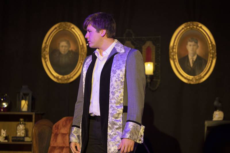 Maxwell George rehearses his scene in “The Raven,” Tuesday, Oct. 7, 2025. Performing Arts Guild will be performing their play “Tapestry of Shadows,” Friday and Saturday, Oct. 10 and 11 at 7pm and Oct. 12, at 2pm at Allure of Pinecrest Grove Theater, S. McKendrie and Evergreen in Mount Morris.