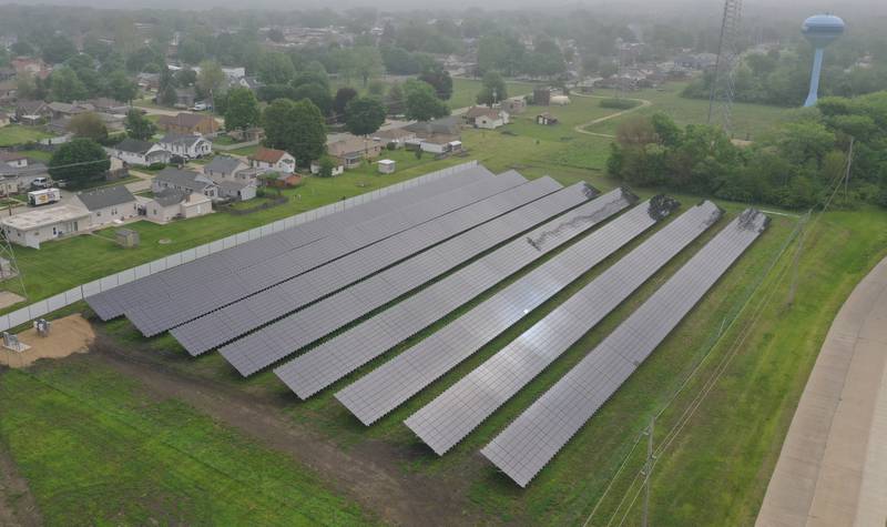 An aerial view of a solar farm located on Haul Road, between the Oglesby Fire Department and the water tower on Wednesday, May 14, 2025. The solar array is expected to generate 678 MWh (Megawatt-hours) in its first year, enough to power about 70 homes in the area.