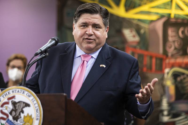 FILE - Illinois Gov. J.B. Pritzker speaks during a news conference at the Chicago Family Health Center on the South Side, Aug. 4, 2022, in Chicago. On Wednesday, Feb. 15, 2023, Pritzker proposed a $350 million expansion in pre-school education. His “Smart Start Illinois” plan would add 5,000 seat for 3- and 4-year-olds this fall, with plans to ramp up the program to 20,000 in future years. (Ashlee Rezin/Chicago Sun-Times via AP, File)