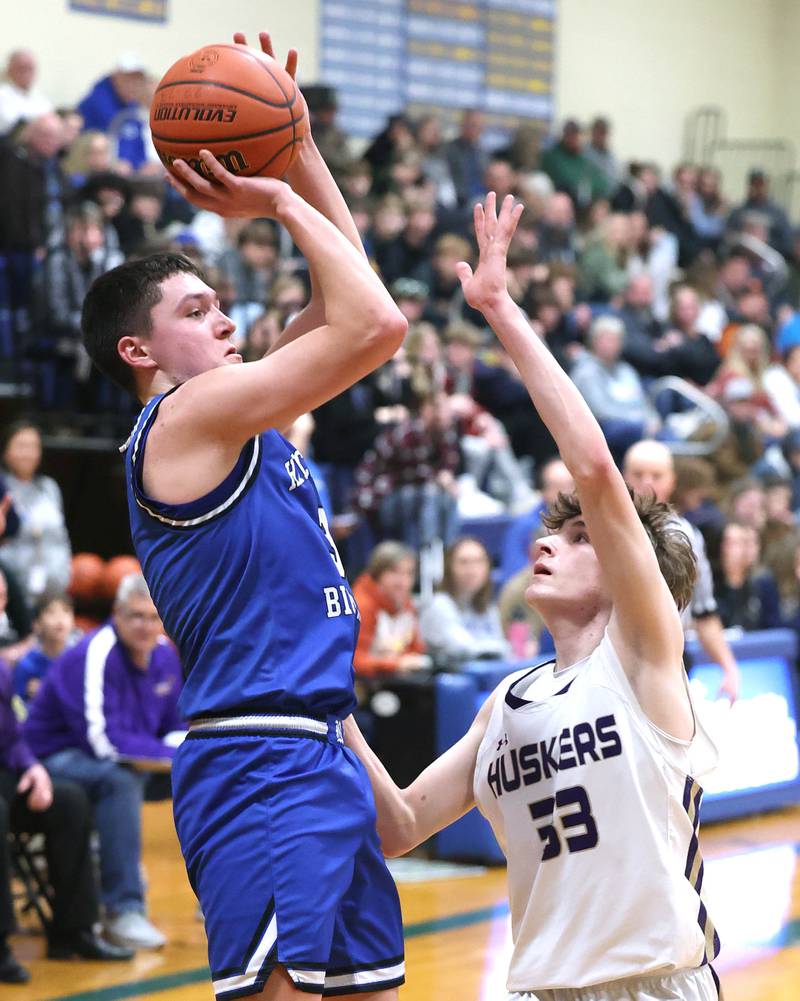 Hinckley-Big Rock's Ben Hintzsche shoots over a Serena defender Friday, Feb. 3, 2023, during the championship game of the Little 10 Conference Basketball Tournament at Somonauk High School.