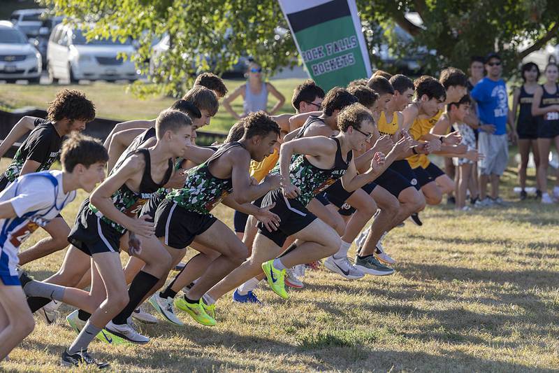 Runners take off at the start of the Twin Cities Triangular meet Tuesday, Sept. 16, 2025, in Rock Falls. Newman, Sterling and Rock Falls all competed.
