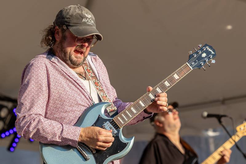Travis Reid of the Travis Reid Band plays guitar with emotion during performance at the BBQ & Blues Fest on Saturday, Sept. 12, 2025 on First Street in La Salle.