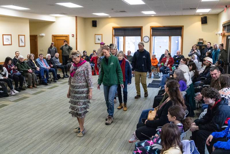 A traditional step dance is performed during the Welcome Winter Celebration at the Lost Valley Visitor Center in Ringwood on Saturday, Dec. 28, 2024. The celebration included traditional indigenous music, dance and traditional activities for attendees.