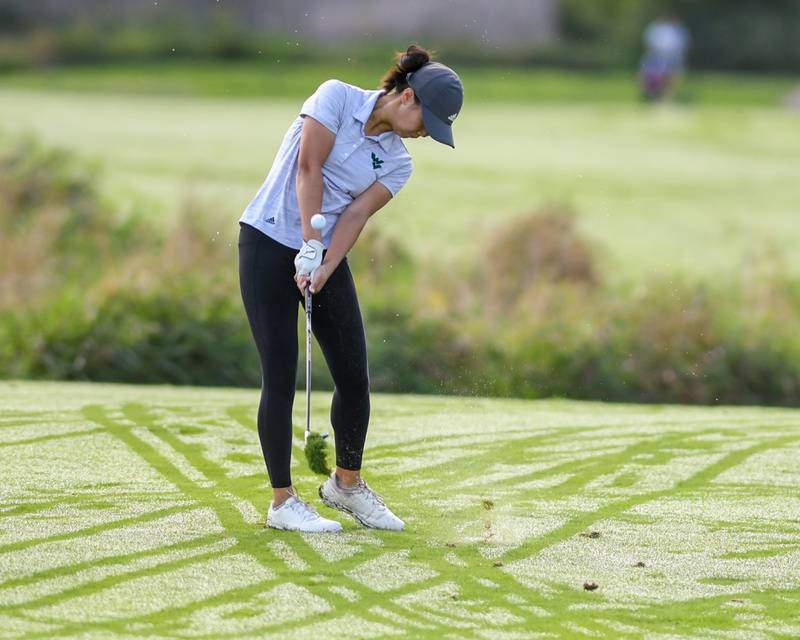 Waubosie Valley Kelly Cong hits in the fairway during the regional match up on Thursday Sep. 28, 2023, held at Whitetail Ridge in Yorkville.