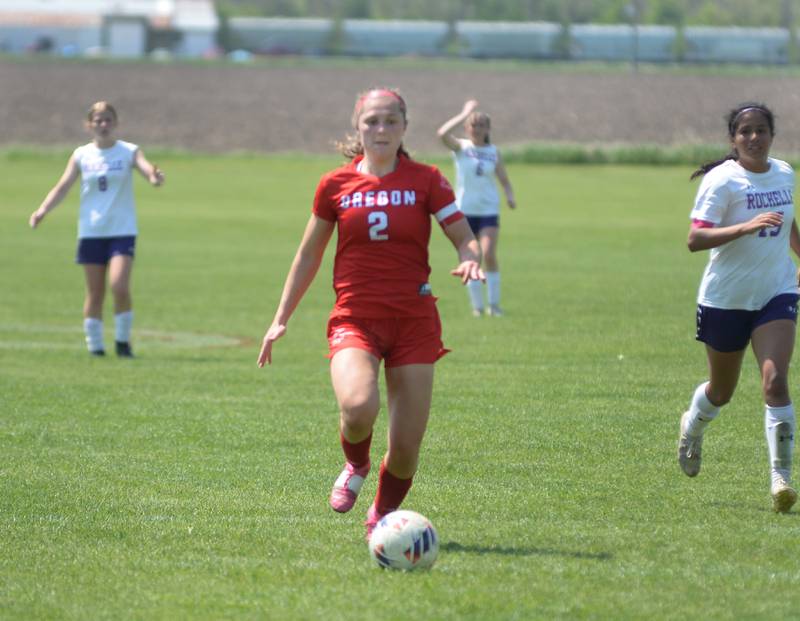 Oregon's Anna Stender (2) dribbles up field against Rochelle on Saturday, May 10, 2025 at Oregon Park West.