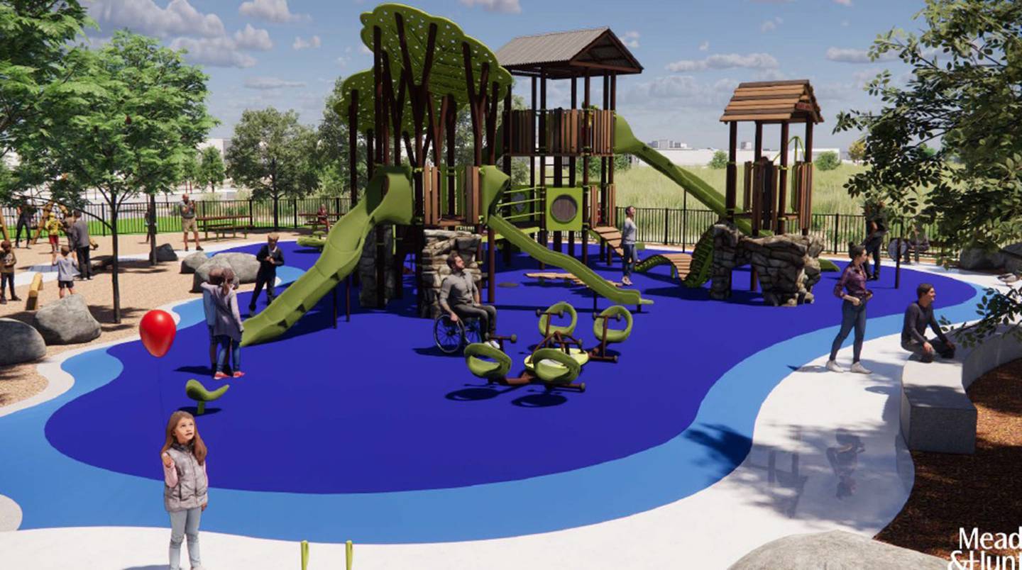 A large treehouse will be the main feature of the riverfront playground, which will include all kinds of climbing, swinging and sliding features, including many that will be ADA-compliant