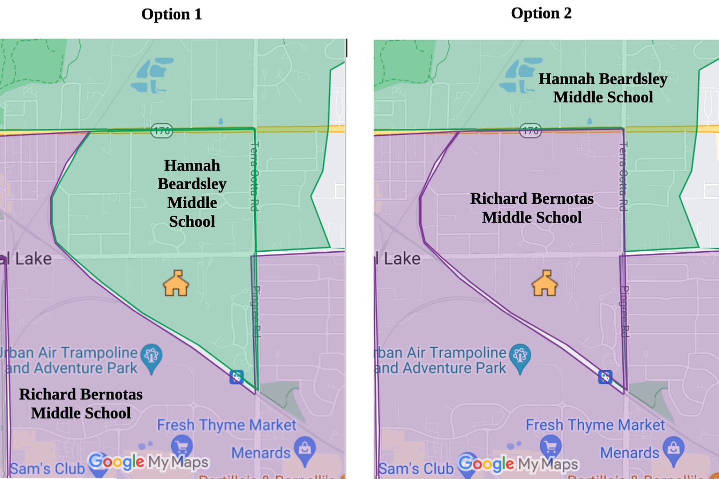 The Crystal Lake School District 47 school board is considering changes to its middle school boundaries. In Option 1, the neighborhood immediately surrounding Hannah Beardsley Middle School would to Hannah Beardsley. In Option 2, they would instead go to Richard Bernotas Middle School, to better align students with their eventual high school.