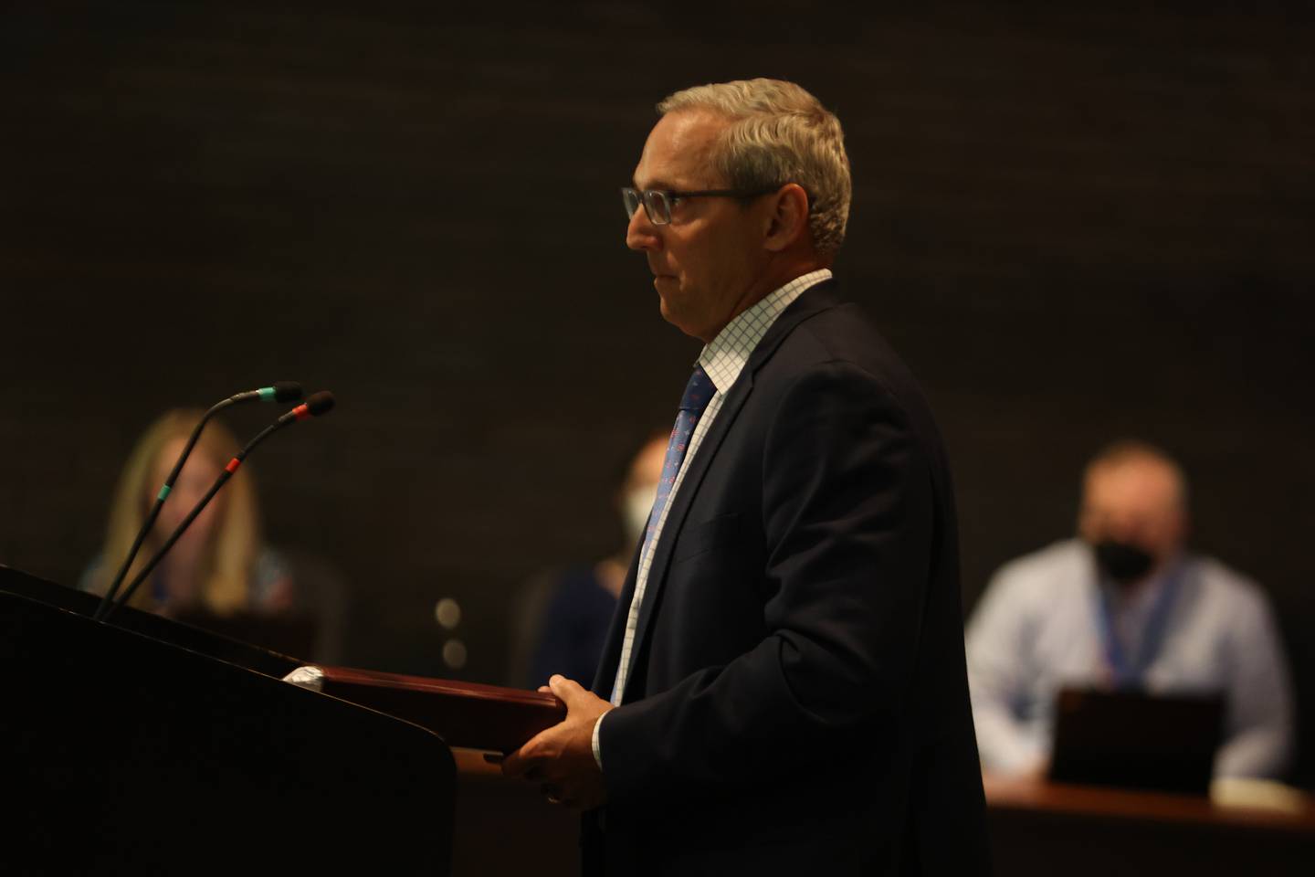 Attorney Chris Spesia speaks at the Joliet Plan Commission meeting. Thursday, April 21, 2022, in Joliet.