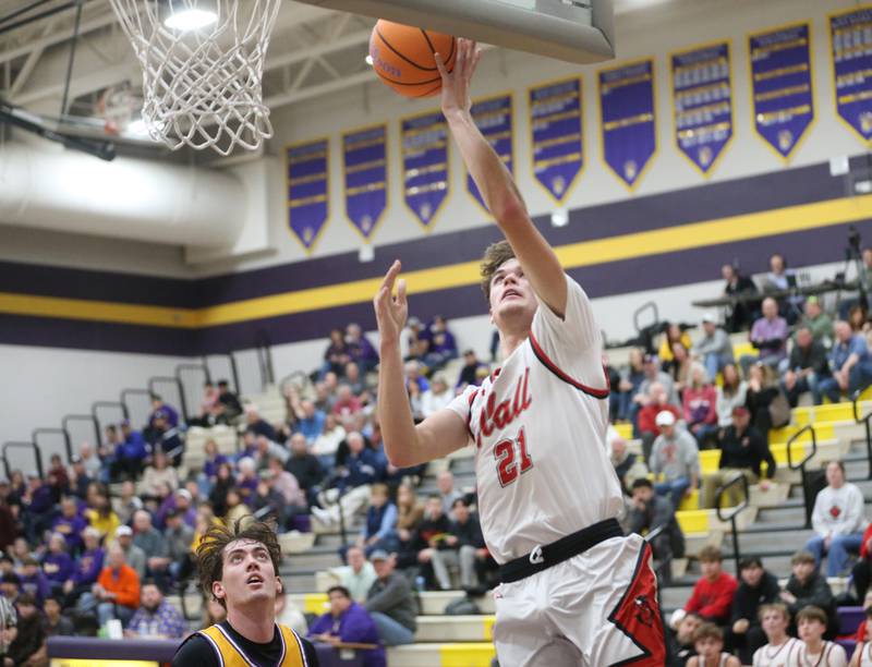Hall's Clayton Fusinetti runs in all alone for a layup against Hall on Tuesday, Feb. 3, 2026 at Mendota High School.