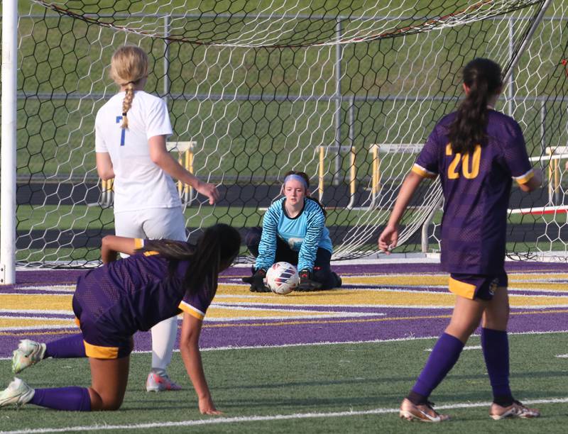 Princeton's keeper Maddie Oertel stops a shot from Mendota's Crystal Garcia during the Class 1A Regional semifinal game on Tuesday, May 9, 2023 at Mendota High School.