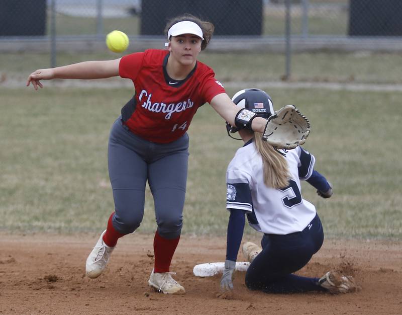 Dundee-Crown’s Kailyn Wiebe tries to field the throw as Cary-Grove’s Kaley Koltz slides into second base during a Fox Valley Conference softball game Monday, April 4, 2022, between Cary-Grove and Dundee-Crown at Cary-Grove High School.