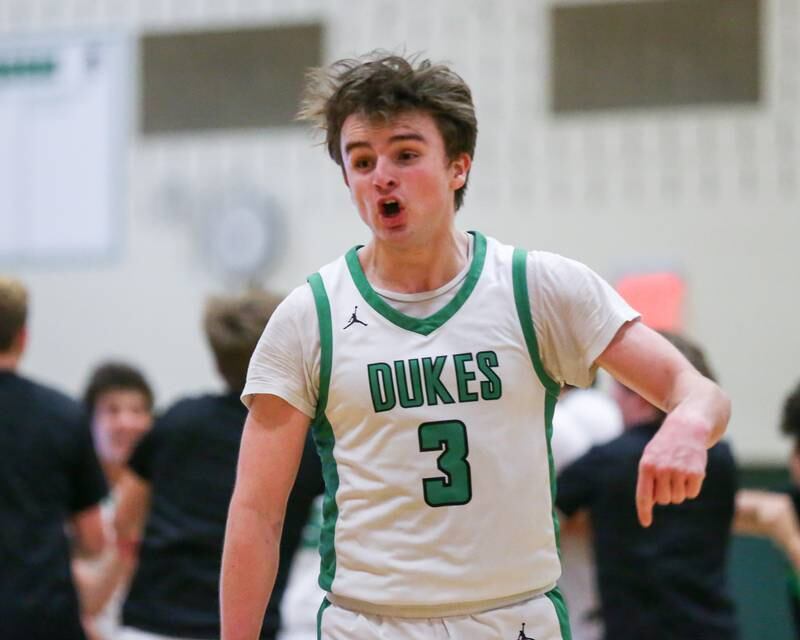 York's Connor Fitzgerald (3) celebrates the win over Lyons. Jan 10, 2025 in Elmhurst