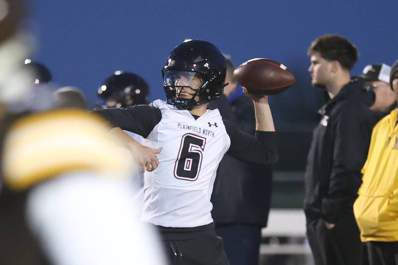 Plainfield North’s Colin Nickel passes at the IHSA Southwest Suburb Showcase combine on Thursday, May 7, 2026 at Plainfield North High School.